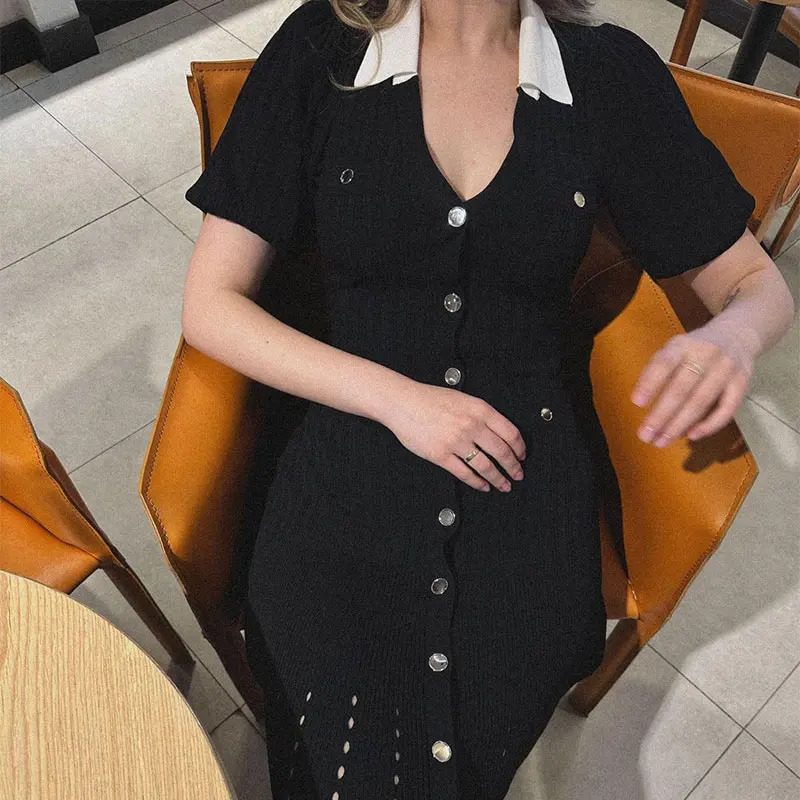 Contrast Single Breasted Knitted Dress For Women Elegant Lapel Short Sleeve Hollow Out Chic Dresses Female Red Black Vestidos 250614