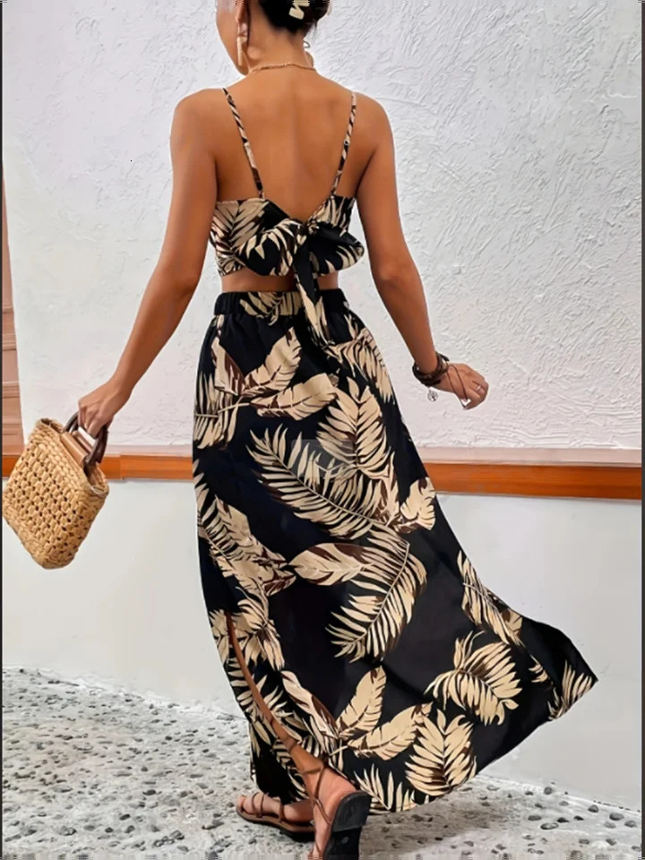 Women Sleeveless Low Cut V-Neck Printed Dress High Slit Sexy Dresses Trendy Half Skirt Womens Set Light Elegant Summer Set 250616