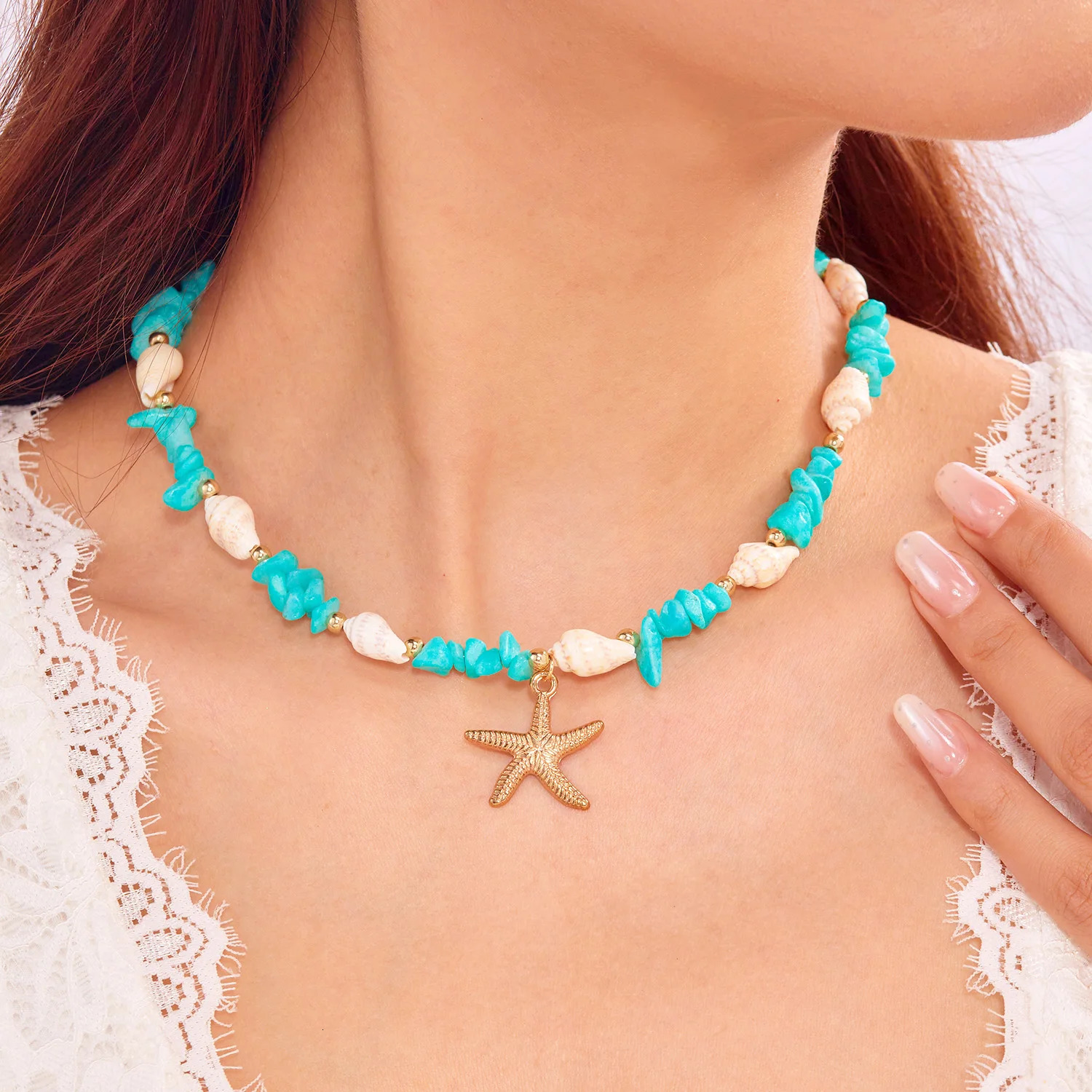 Bohemian Starfish Conch Pendant Necklaces For Women Colorful Irregular Stone Choker Neck Chain Girls Summer Beach Party Jewelry 250616