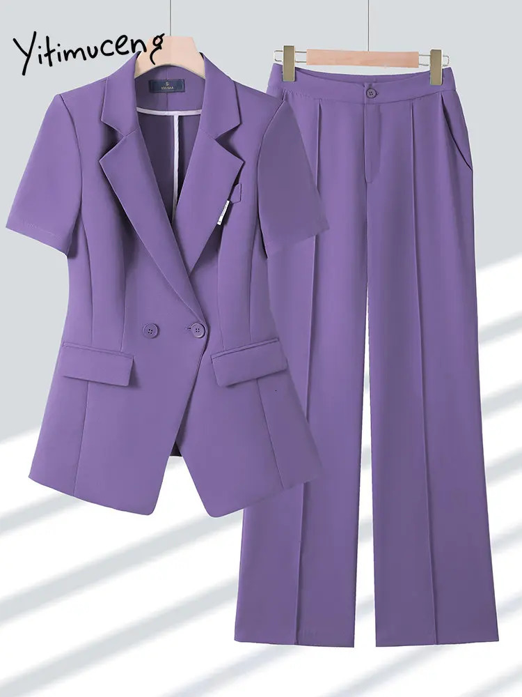 Yitimuceng Women Suits Office Sets Fashion Short Sleeves Turn Down Collar Blazer Chic Solid Pants 2 Piece 250612