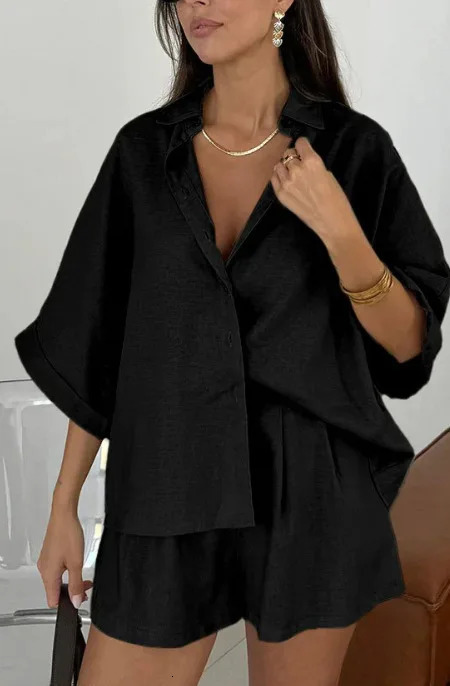 Simple Casual Solid Color Two-piece Set For Women Spring Half-sleeved Button Lapel Shirt Top Shorts Suit Summer Loose Chic Suit 250613
