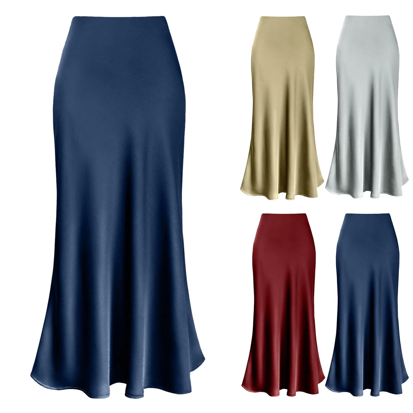 Elegant Women Solid Silk Satin Skirt Zipper High Waist Fishtail Skirt Spring Summer Ladies Fashion Party Long Skirts 250614