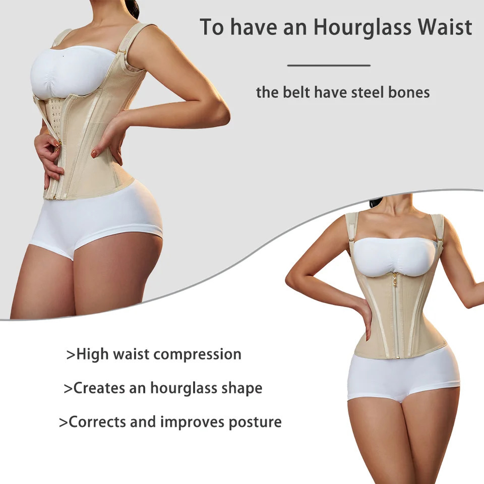 Fajas Colombianas Women Double Compression Waist Trainer Corset with Bone Adjustable Zipper and Hook-eyes Flat Belly Body Shaper 250616