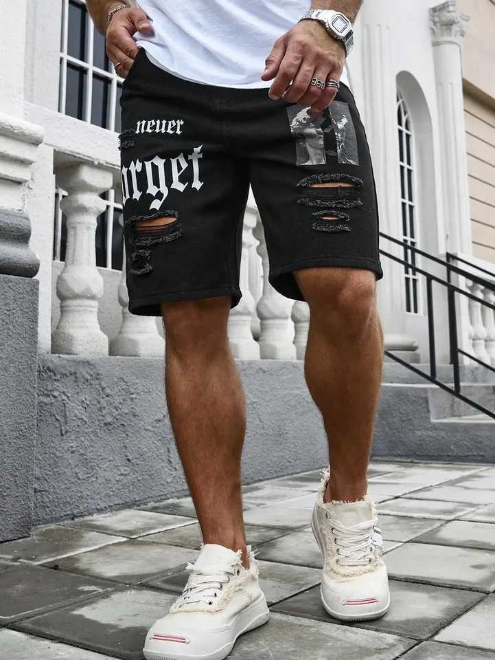 Men Summer Stretchy Denim Shorts Jeans For Men Streetwear Letter Ripped Knee length Baggy Comfort Cargo Casual Shorts Pants Jean Z250617