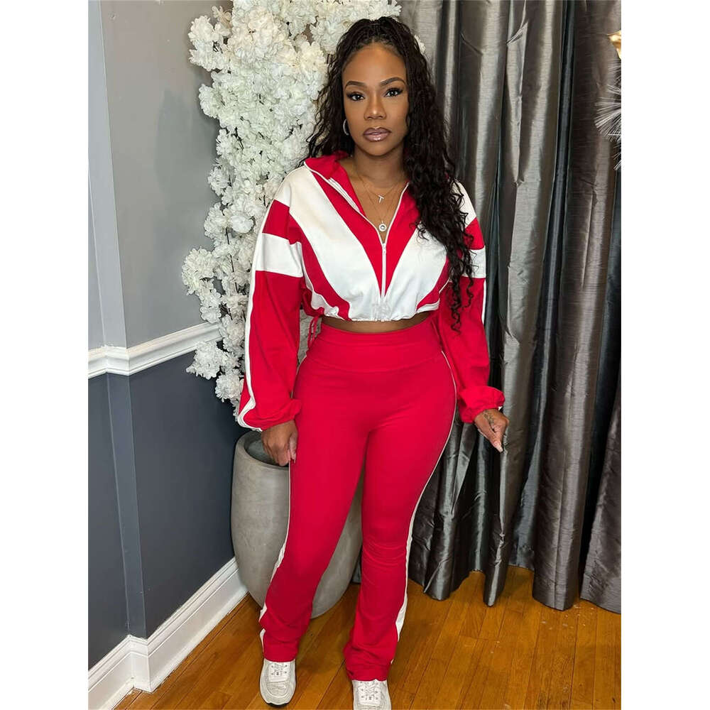 Loose Casual Street Fashion Color-Block Zipper Jacket And Pants Sports Set For Women B5