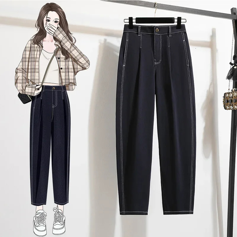 Plus Size High Waist Knitted Denim Jeans Womens Spring Autumn Of The Season Loose Slimming plus Size Big MM Dad 250609