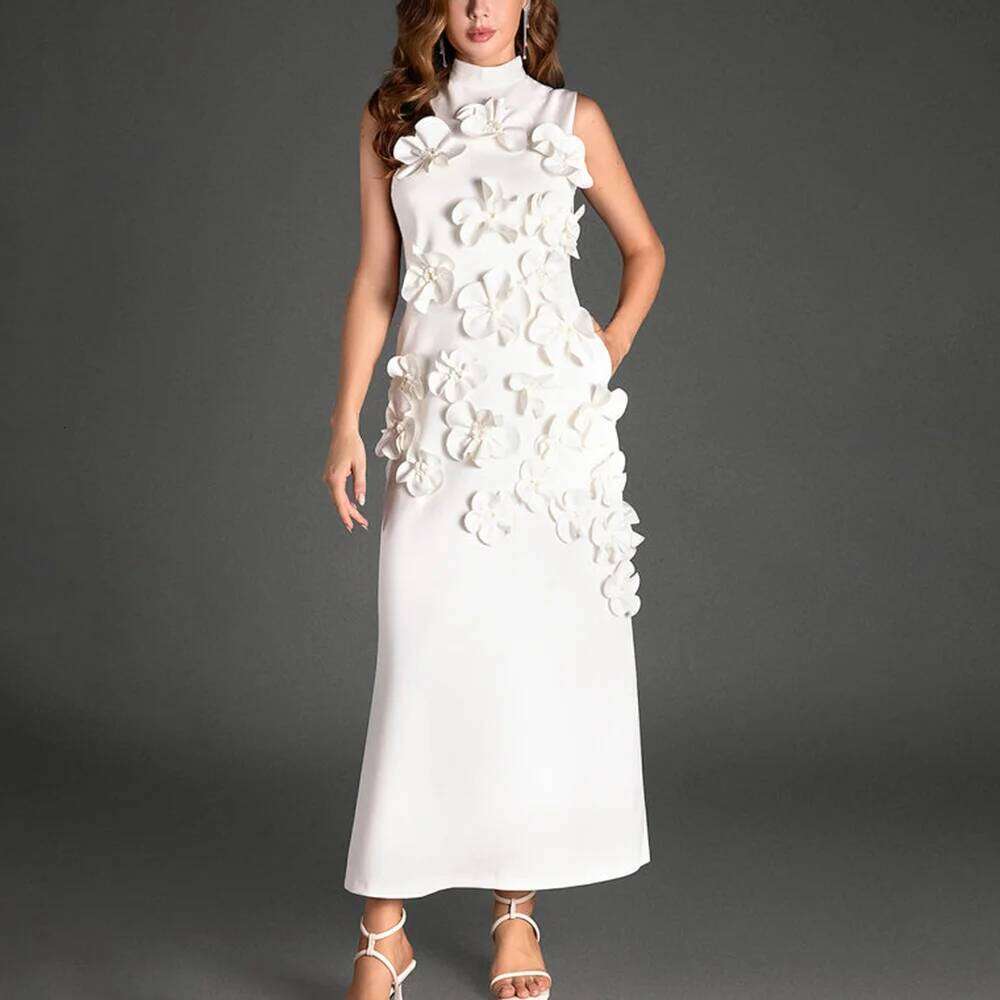 Designer Clothing 2025 Patchwork Appliques Dress For Women Stand Collar Sleeveless High Waist Elegant Spliced Lace Up Dresses Female New