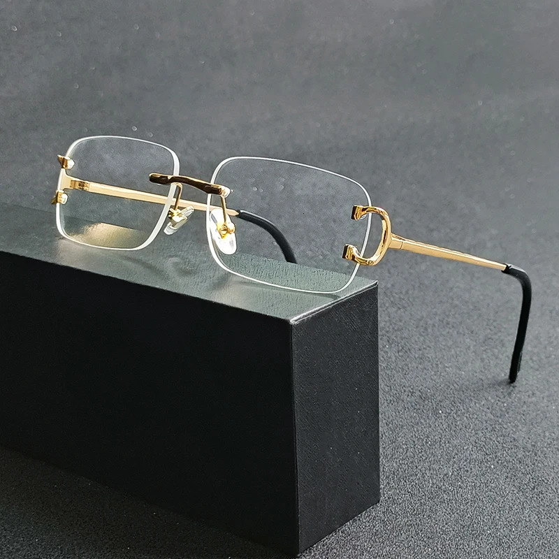 HBK Retro Rimless Sunglasses For Women Men Small Square Gold Frame Tea Shades Rectangle UV400 Zonnebril Eyewear 250616