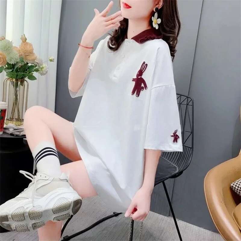 Embroidery Woman Tshirt Short Sleeve Polo Neck T Shirt for Women Pulovers Original Korean Popular Clothes Youthful Elegant Basic