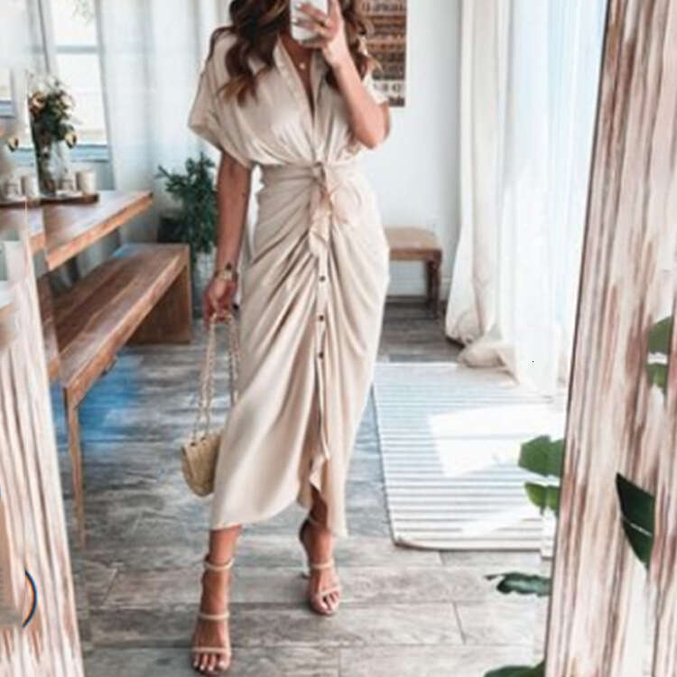 Spring New Women's Short Sleeve Elegant Fashion Commuter High Waist Printed Cardigan Dress B5
