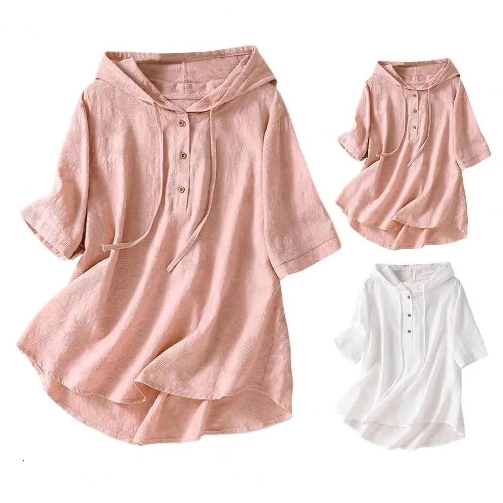Elegant Women Blouse Shirt Hooded Cotton Linen Solid Color Buttons Half Placket Short Sleeve Top Thin Loose Blouse 250614