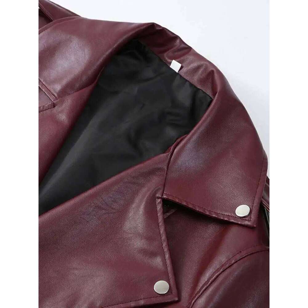KWTX Solid Splicing Pocket For Women Flip Collar Long Sleeve Designer Leather Jacket Women's Fashion New