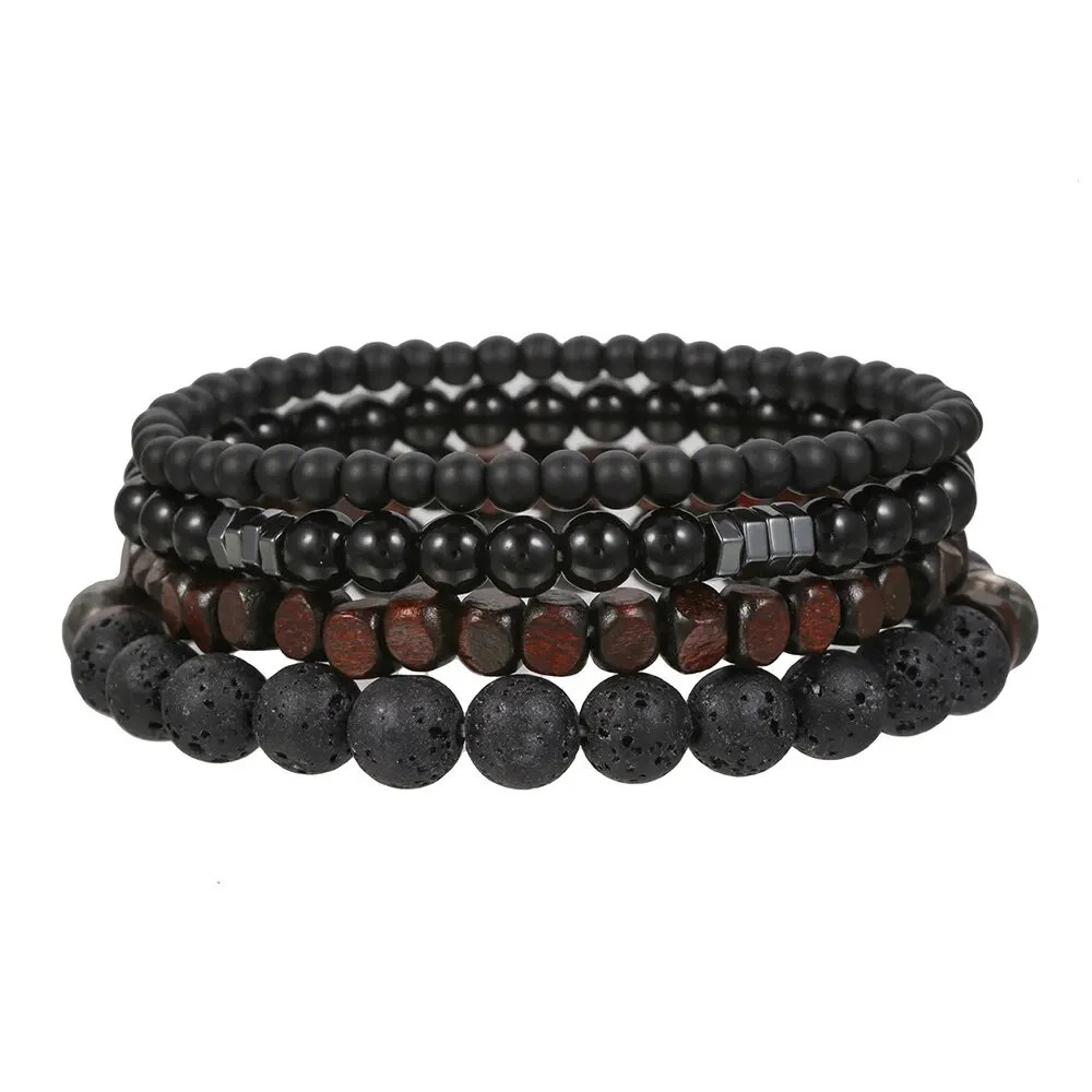 4PcsSet Black Gall Stone Volcanic Stone Wood Beads Multi-layer Mens Combination Elastic Bracelet For Couple Friends Jewelry 250616
