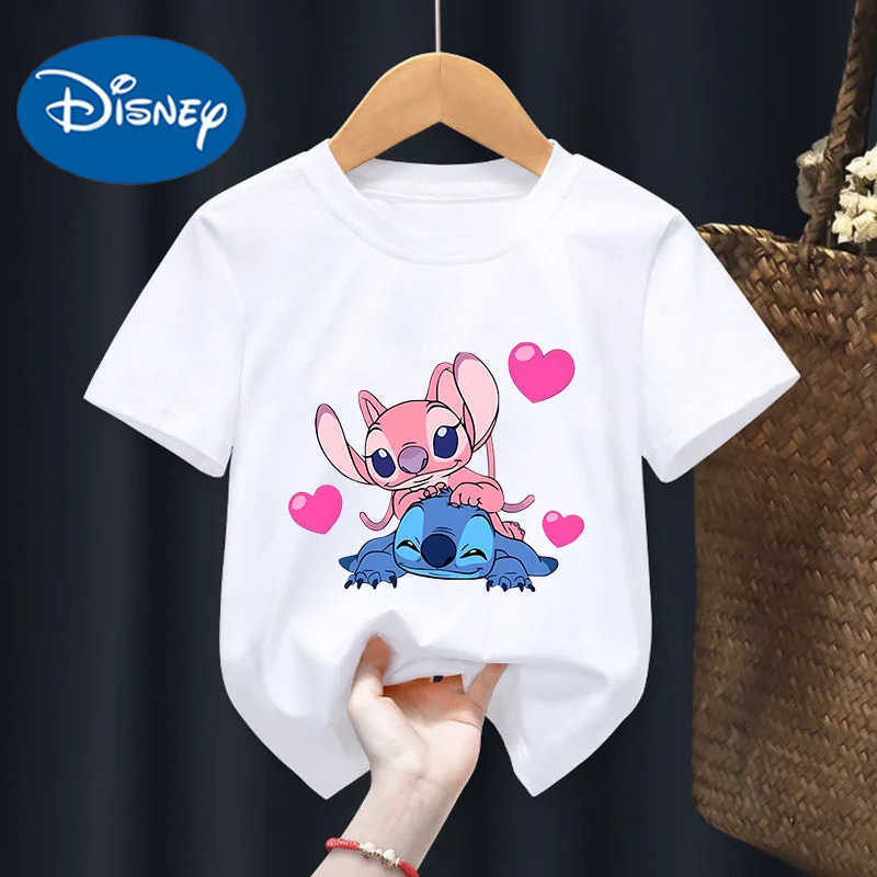 Disney Lilo Stitch Childrens Clothing Short Sleeved Disney T-shirt Anime Movie Character Tops Summer New Products Sweat Absorption W250617