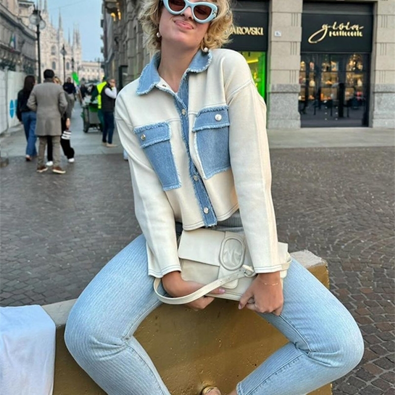 Y2k Women Denim Patchwork Jacket Coat Lapel Long Sleeves Jeans with Packets Spring Casual Lady Coats ner Outwear Top 250522