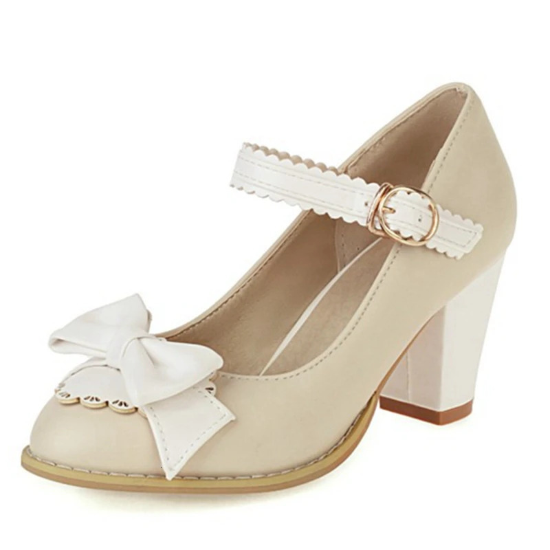 ASILETO Ladies Pumps Round Toe 7cm Block Heels Buckle Bowtie Sweet Cute Vintage All-Match Big Size 48 Party S2131 250613