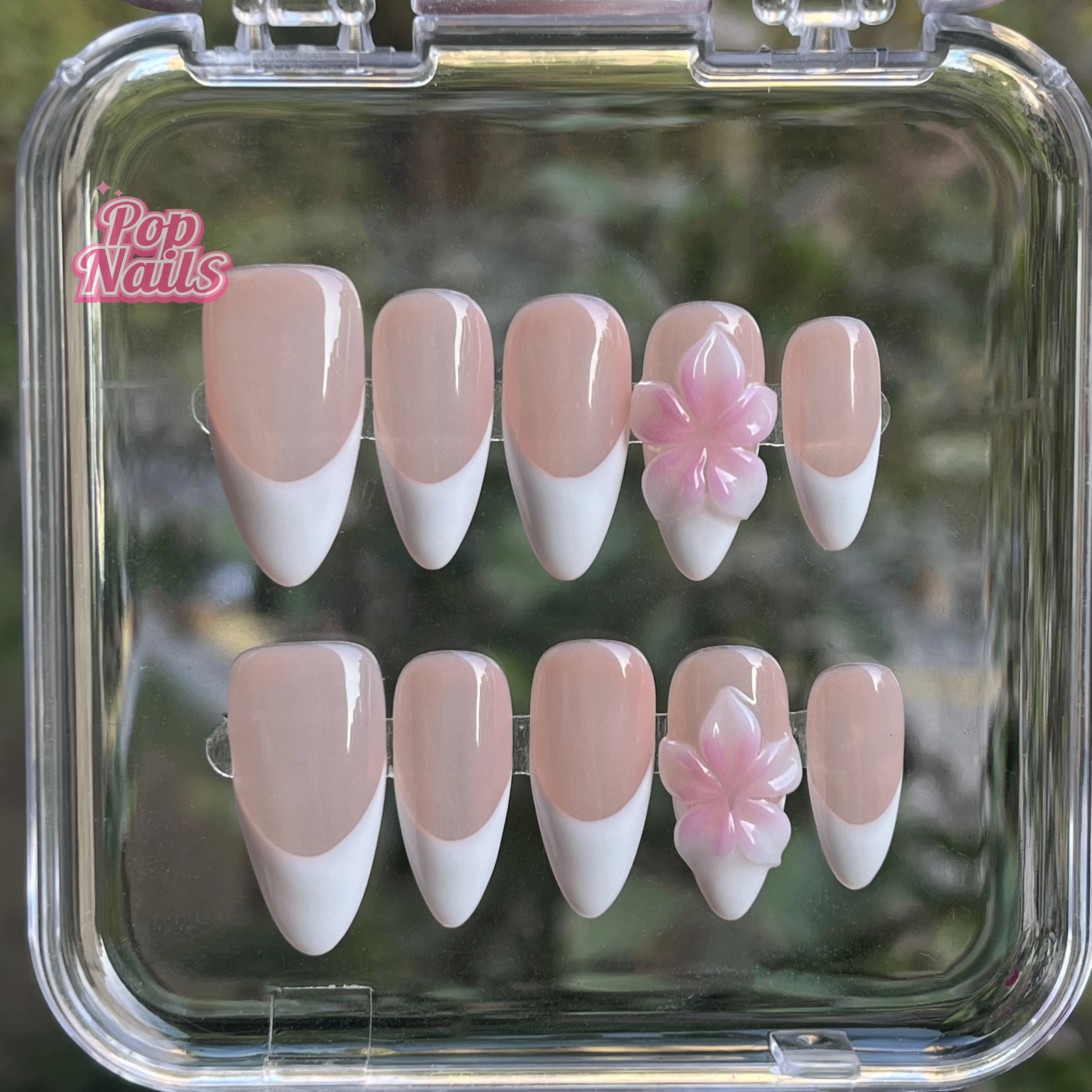Cute Pink Flower French Tip Nails Acrylic Press Ons Wholesale Custom Short 3D Nail Art Flowers White Almond Gel Press on Nails 250612
