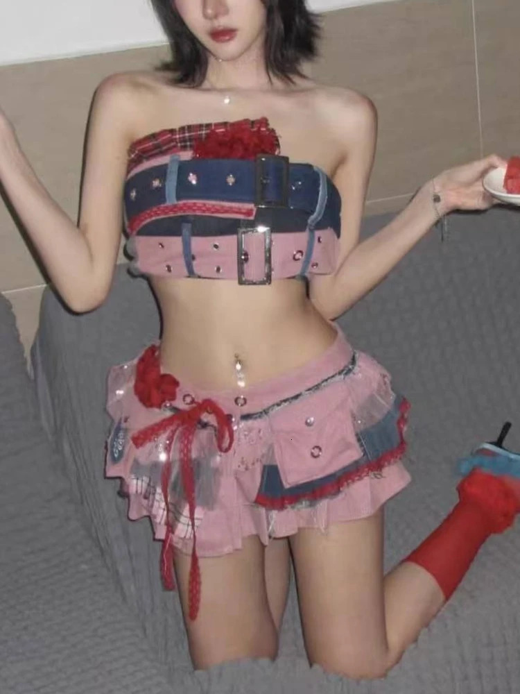 Sweet and Cool Maillard Retro Old Spice Girl Style Splicing Lace Denim Neck Top Irregular Short Skirt Two-piece Set for Women 250614