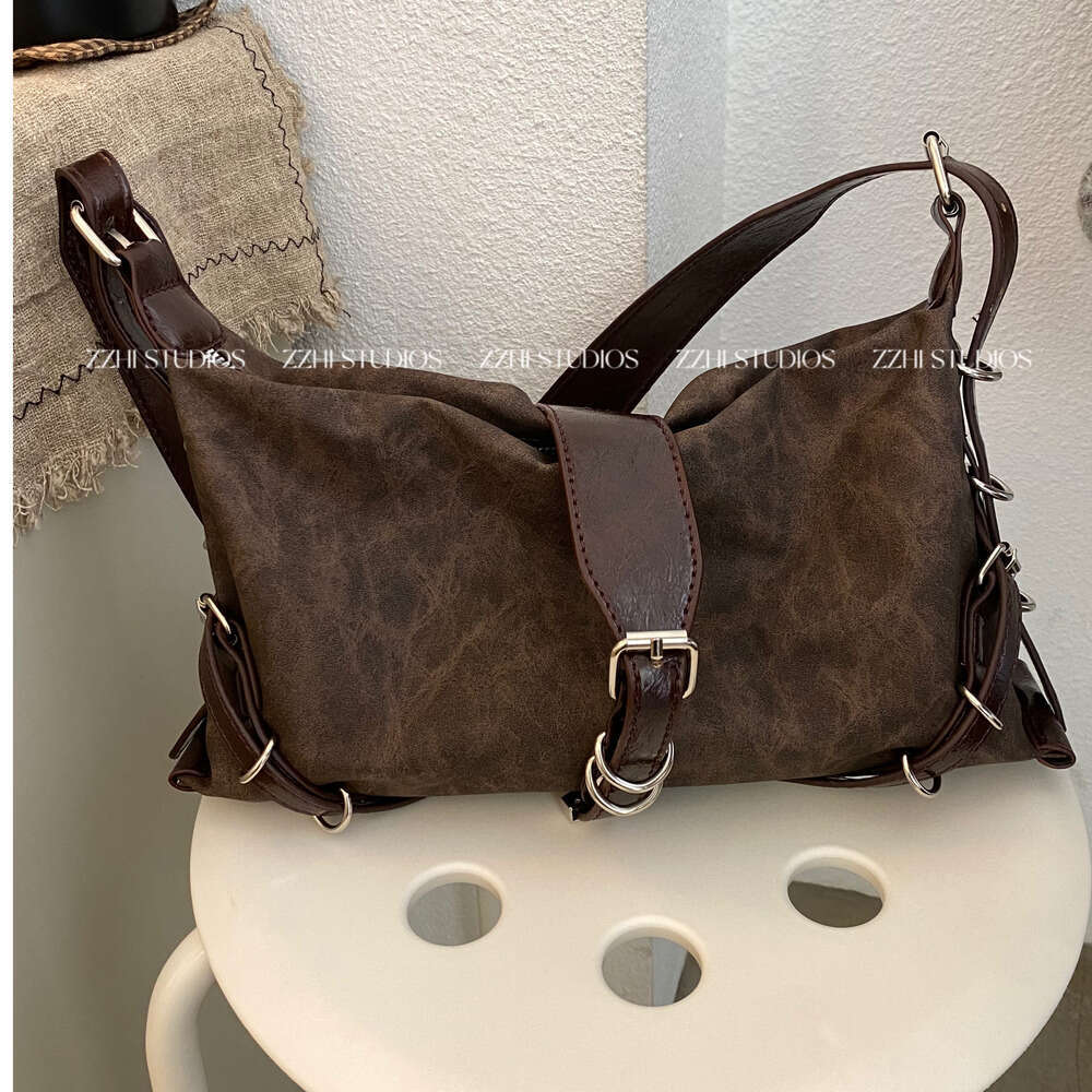 Studios Niche Design Brown Single Shoulder Underarm Motorcycle Bag Vintage Retro Style Hot Girl