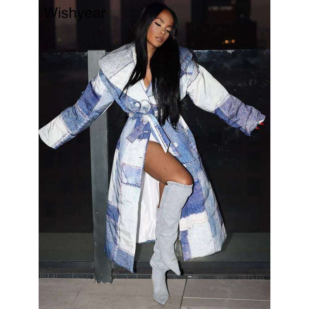 Elegant Cotton-Padded X-Long Coat Women Fashion Denim Patch Printed Large Lapel Lace-Up Jacket Streetwear Loose Thick Overcoat