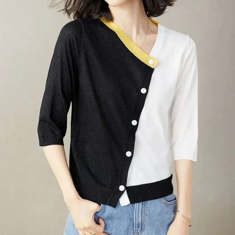 V Neck Thin Knitted Sweater Woman Korean Style Summer Novelties in Aesthetic Fashion 2025 Trending Cardigan for Women Youth Chic