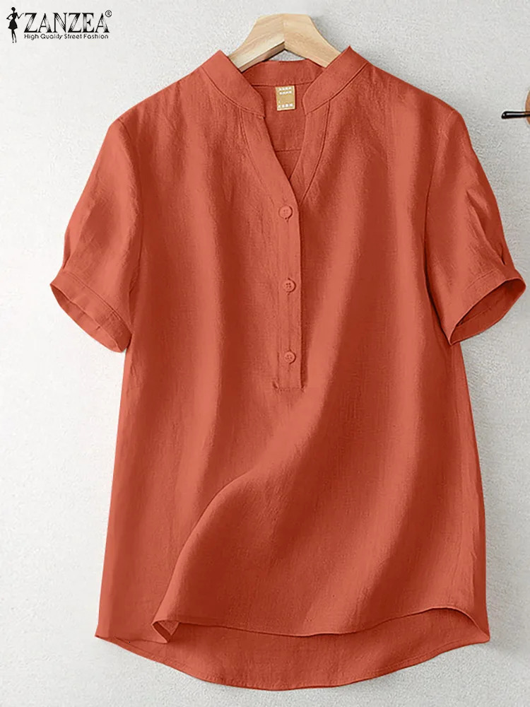 ZANZEA Summer Elegant Loose Chemise Cotton Blouse Vintage OL Work Tunic Tops Women Casual Solid Shirt V Neck Short Sleeve Blusas 250614