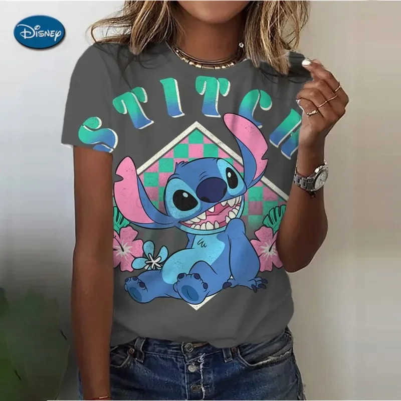 Disney 2024 Summer Disney Lilo Stitch 3D Print T-shirts For Women Cute Lady Summer T-shirts Casual O-neck Stitch T-shirts W250617