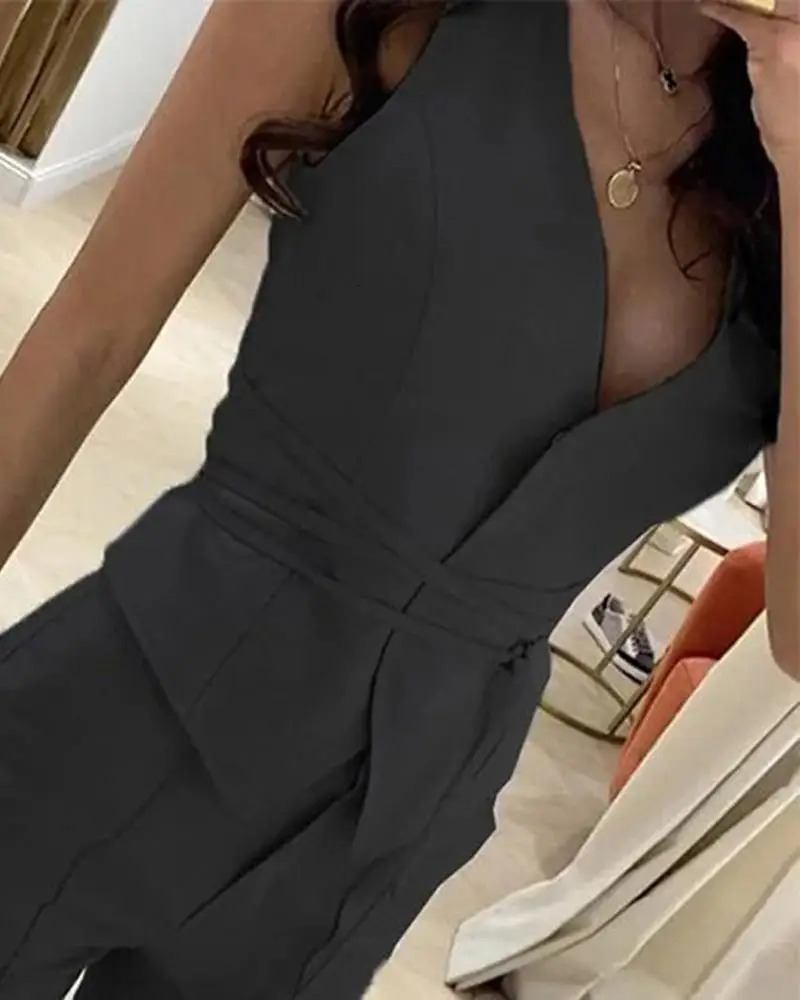 Womens Plain Blazer Vest and Work Pants Set Sleeveless Top Monochromatic High Waist Casual Clothes Spring Summer 2Pcs 250612