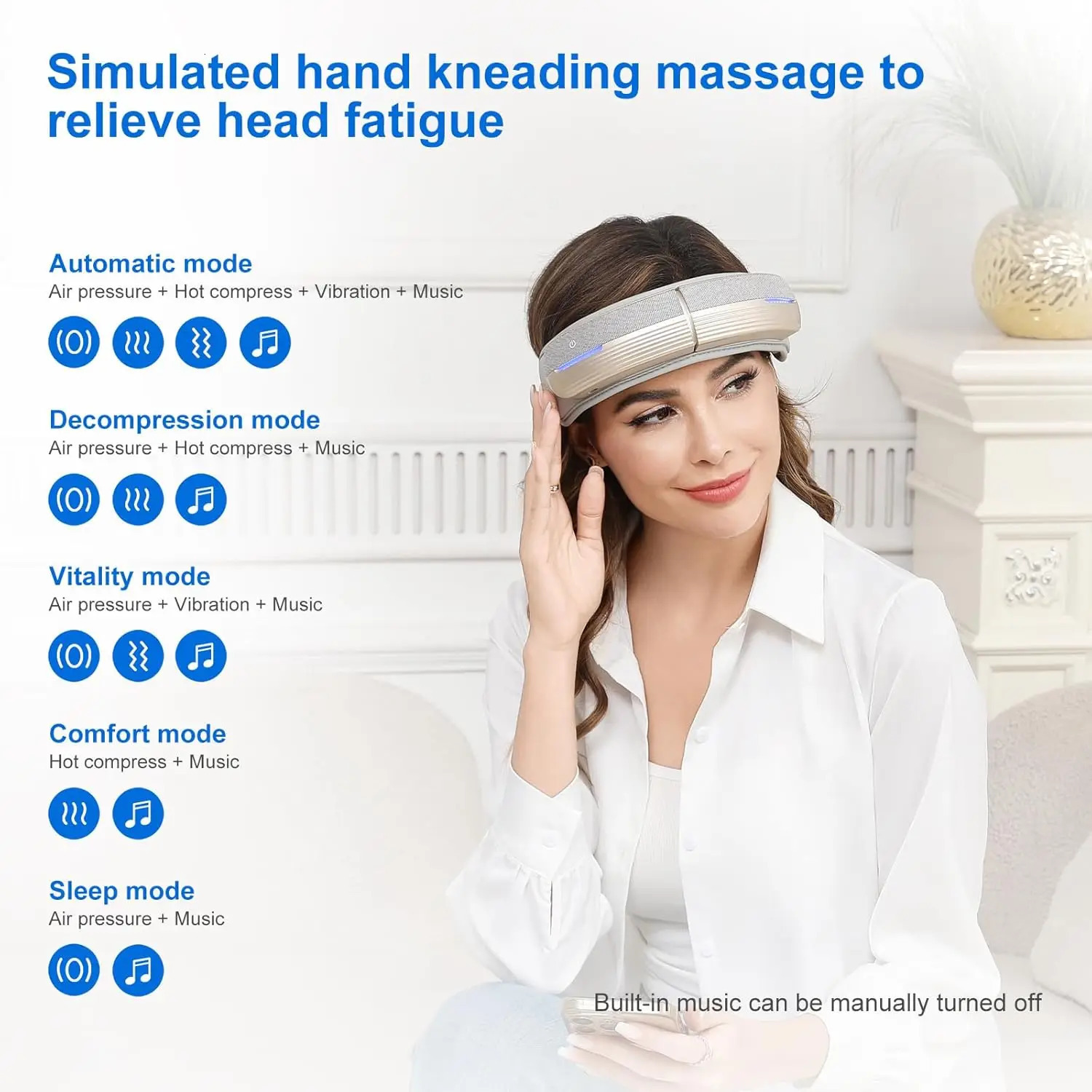 Portable Electric Head Massager with Heat Bluetooth 5 Modes for Deep Relaxation Stress Relief and Better Sleep 250605
