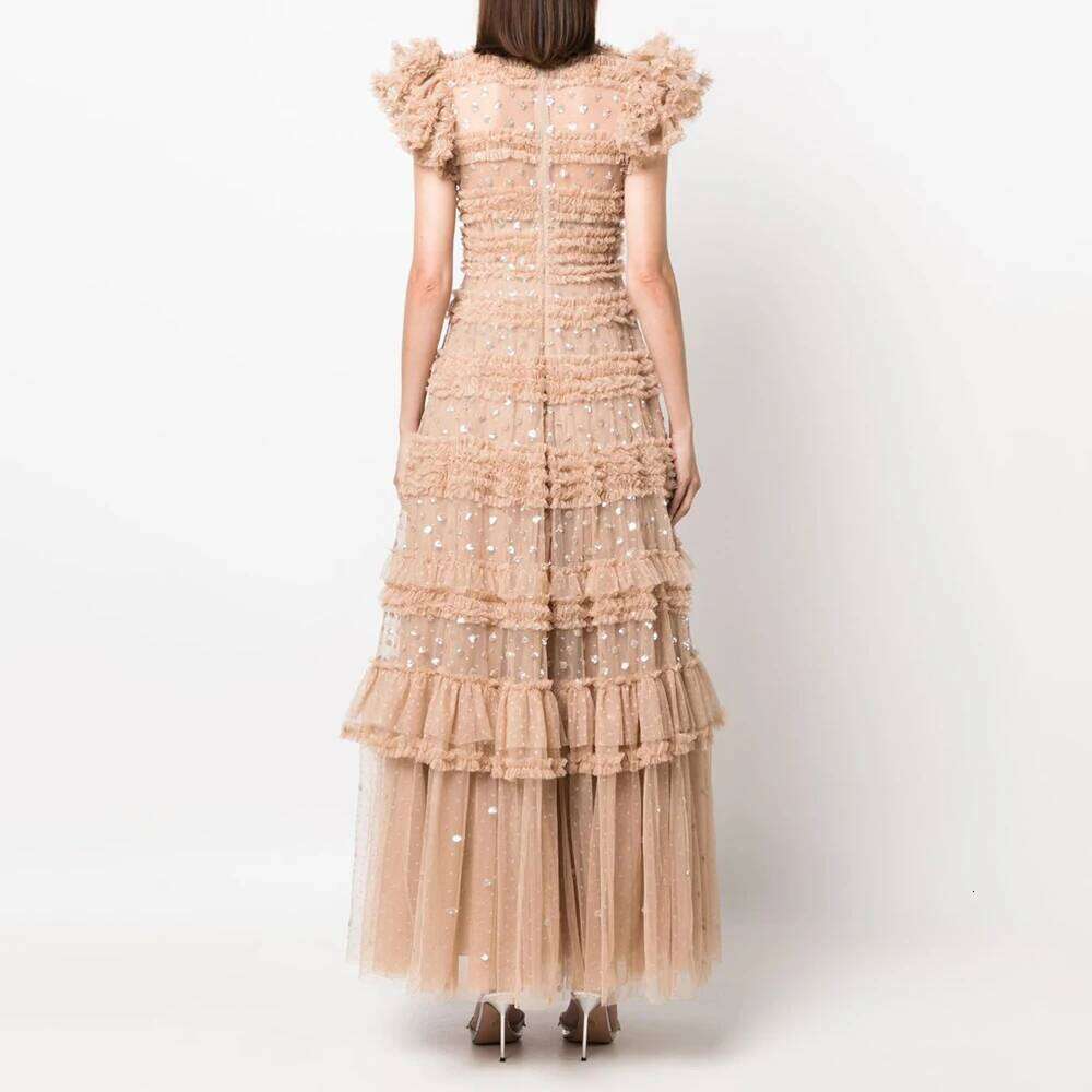 Designer Clothing 2025 Solid Spliced Lace Casual Dress For Women V Neck Short Sleeve High Waist Patchwork Mesh Elegant Dresses Female New