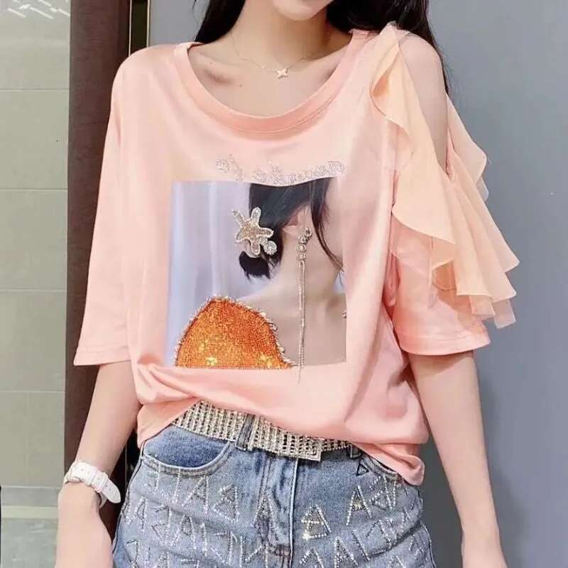 Tops Woman Rhinestone Graphic Off Shoulder Baggy Sexy T Shirt for Women Coquette Clothes Summer Outfit Glitter Sequin Emo Y2k