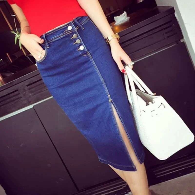 Chubby Coquette Midi Woman Denim Skirt High Waist with Slit Jeans Skirts for Women Sexy To Knees Length Stylish Quality A Line V
