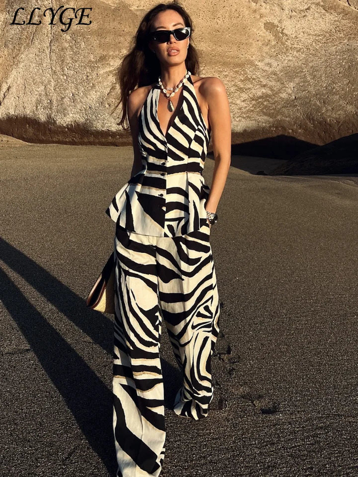 Casual Print Halter Vest Pants Sets Women Sleeveless Backless Button Tops High Waist Wide Leg Pant 2025 Summer Lady Beach Outfit 250616