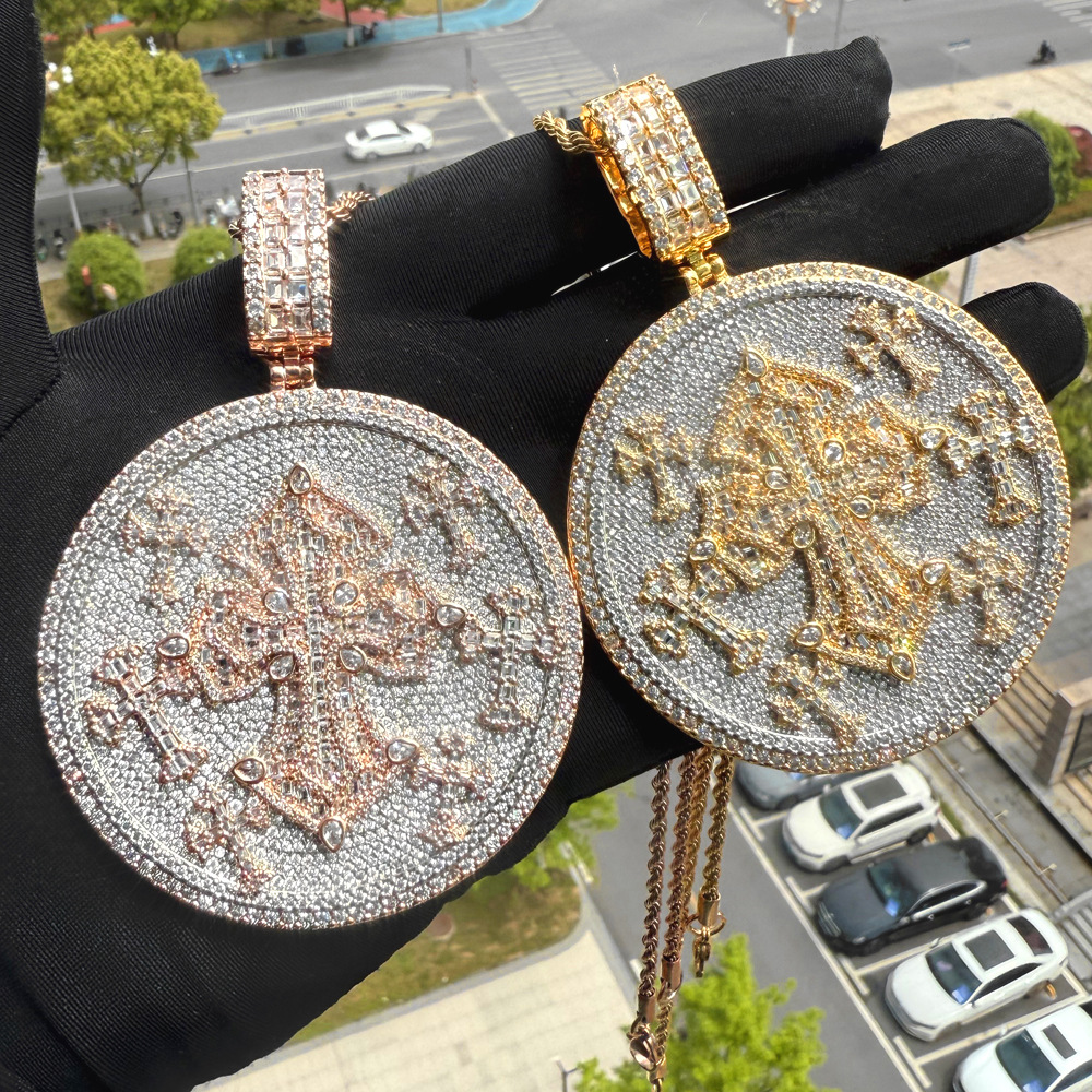 Hip Hop Cross Big Disc Pendant Necklace 5A Zircon Jewelry with 12mm Cuban Chain