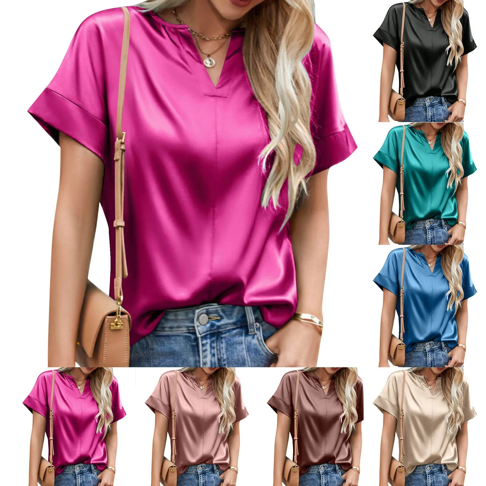 Active Long Sleeve Tops European And Foreign Trade Womens Spring Summer Top Satin Solid Color V Neck Short 4x T Shirt 250614