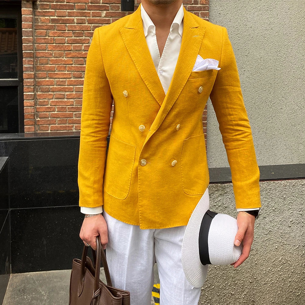 Summer Linen Men Blazer Casual Metal Double Breasted Men Suit Jacket Business Office Social Daily Custom Slim Coat 250617