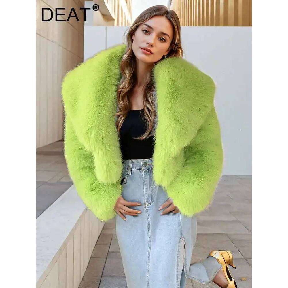 2025 Fashion Women's Faux Coat Lapel Loose Long Sleeve Fluorescent Green Thick Warm Imitation Fox Fur Jacket Winter 2024 New