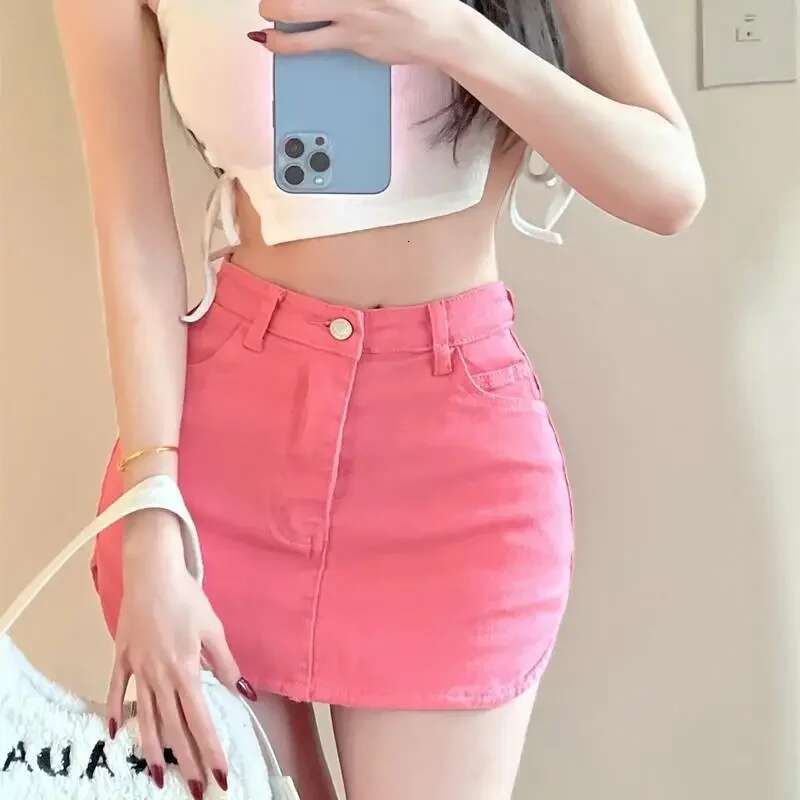 Skirts for Women Jeans Womens Skirt Mini Clothes Denim Wrap Pink Short Tight Gyaru Chic and Elegant Streetwear Fashion New In V