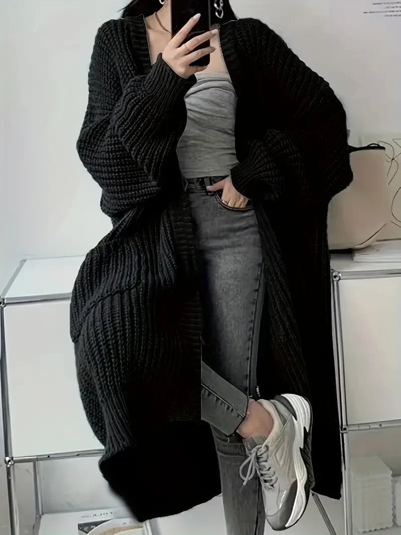 Womens Solid Open Front Knit Cardigan with Pockets - Casual Long Sleeve Sweater for Comfortable Layering 250616