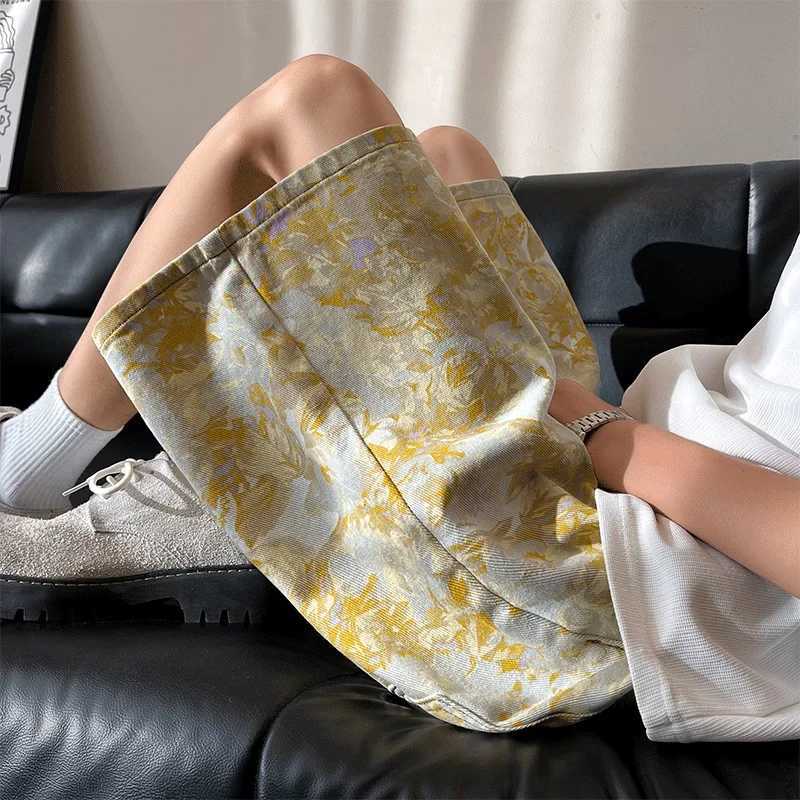 Yellow Tie-Dye All-Over Jacquard Denim Shorts for Men - Summer Thin Style American Retro Loose Straight Camo Five-Point Pants Z250617