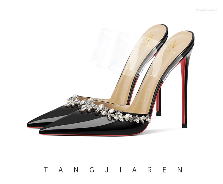 Dress Shoes 2025 Summer Water Diamond High Heel Sandals For Women Thin Sexy Lacquer Leather Black Baotou Transparent Single