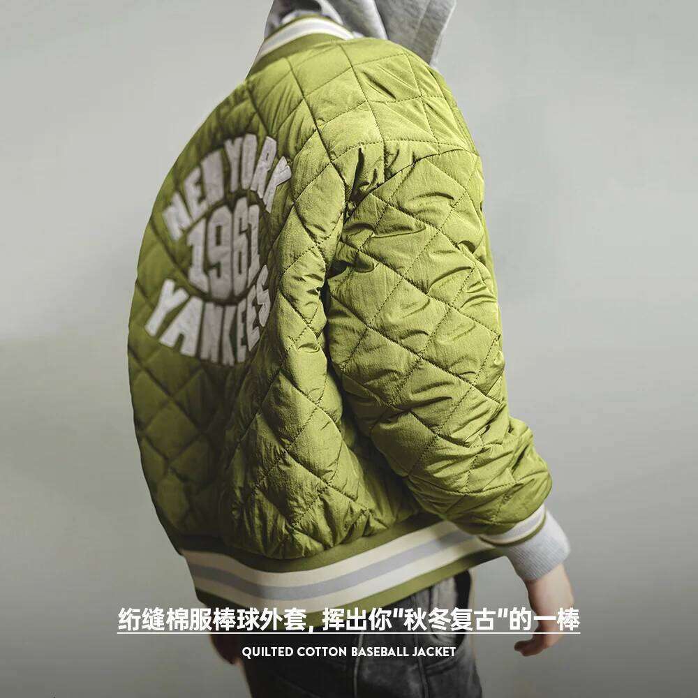 Maden New Retro Spliced Green Cotton-padded Dia-quilted Baseball Jacket Warm Women's Autumn and Winter Street Coat