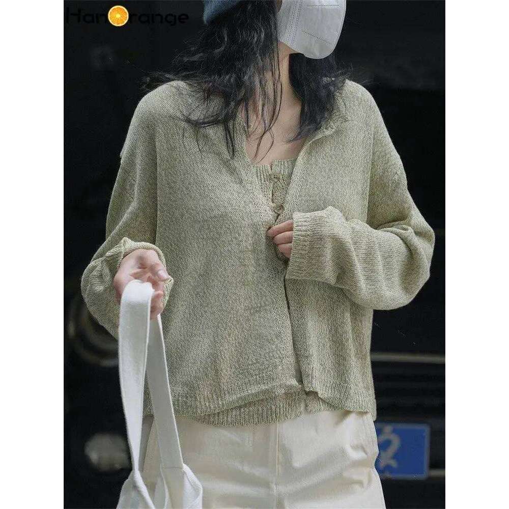HanOrange 2024 Spring Lazy Mixed Color Two-piece Knit Sweater Set Women Loose O-neck Sleeveless Waistcoat + Cardigan Female