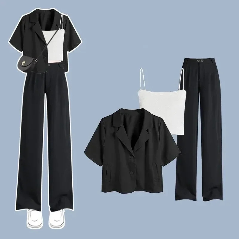 Summer Korean Elegant Thin Short Sleeved Suitsuspenderpants Three Piece Womens Fashion Casual Blazers Matching Set 250612