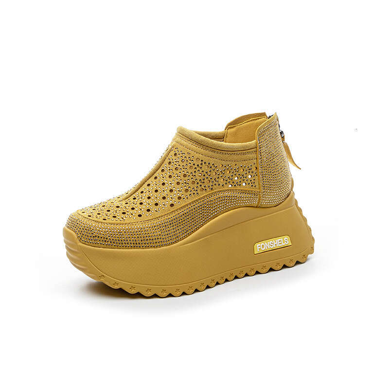 2025 Summer New Hollow Women's Sandals Round Toe Starry Sky Rhinestone New Casual Fashion Breathable Thick Sole Height Increasing Shoes