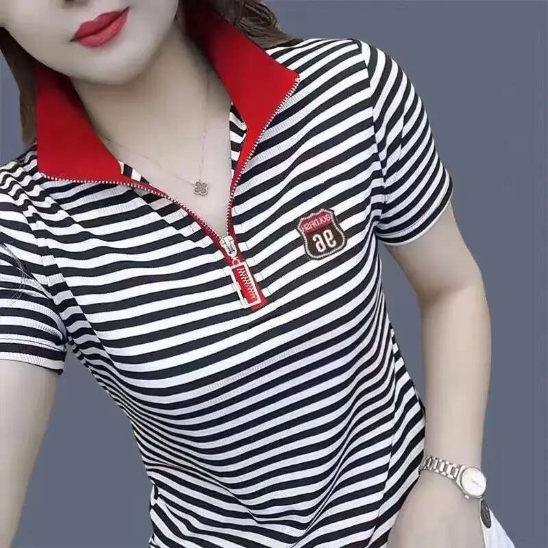 Polo Neck Shirt for Women Graphic Baggy Woman T Striped Womens Clothing Trend 2025 Sales Youth Casual Tops with Collar on Offer