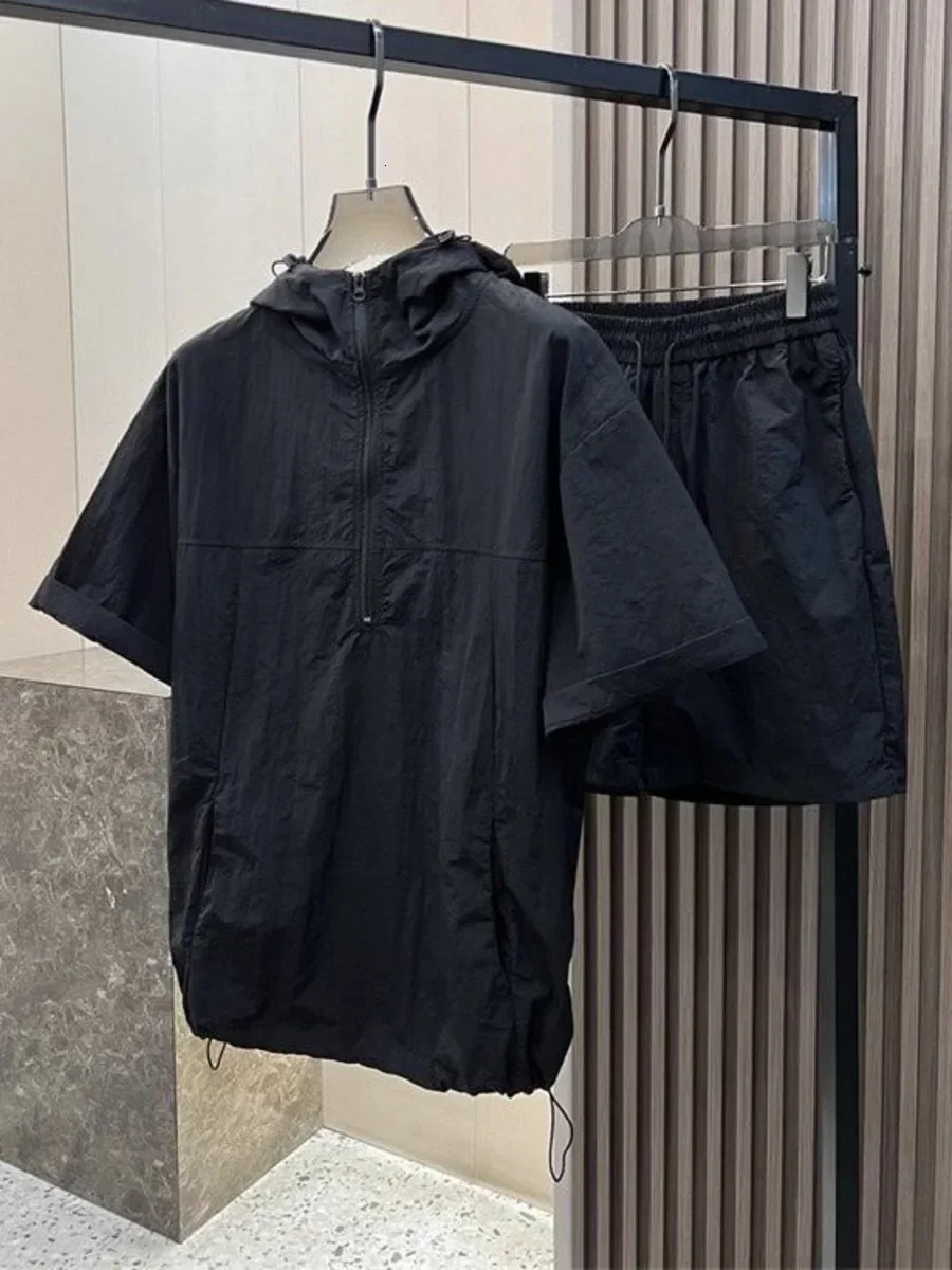 Summer Cargo Hooded Tracksuit Short Sleeve T-shirt Zipped and Shorts Outfits Quick Drying Solid Casual Outdoor Sport Clothes Set 250616