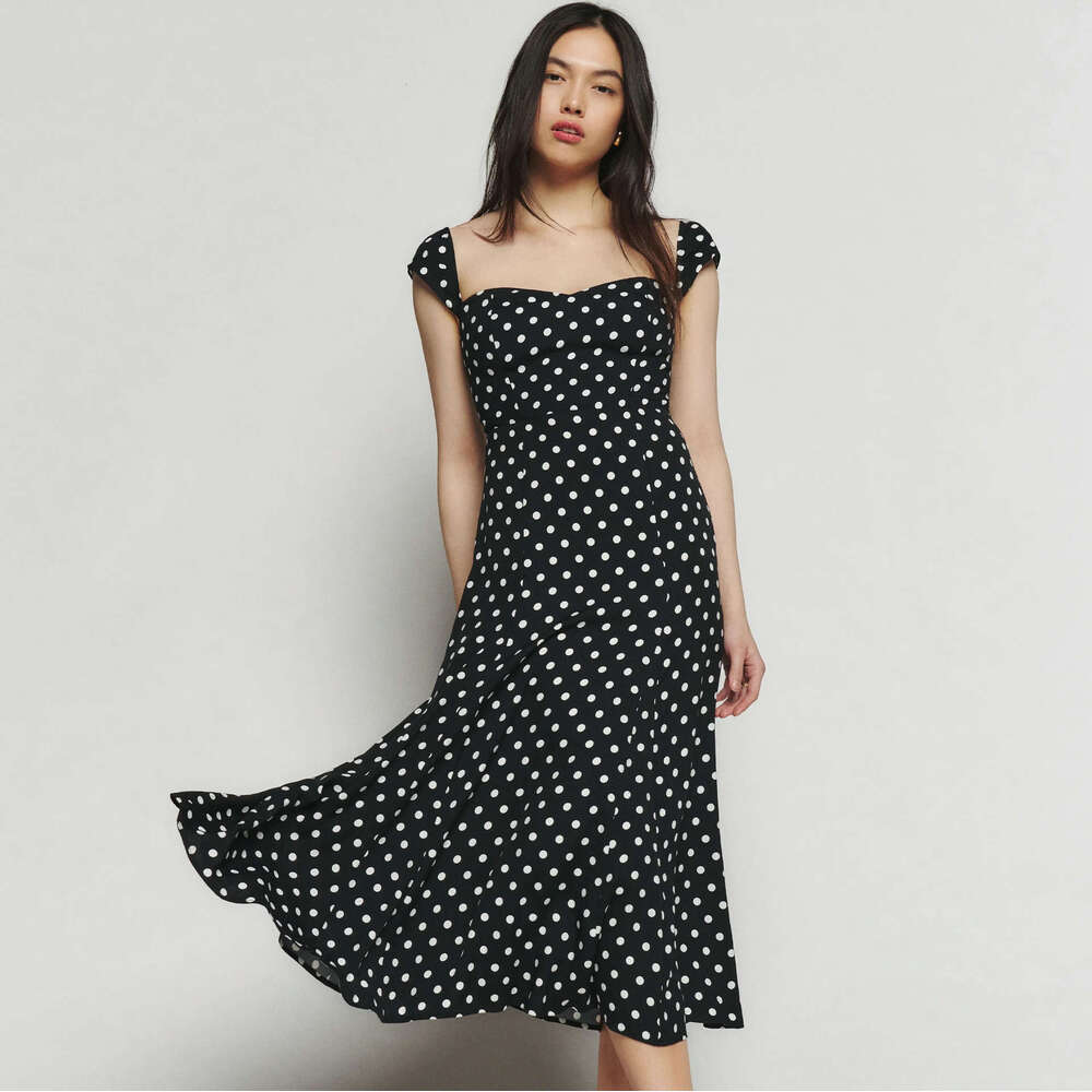 Long Dress Dresses for Woman Elegant Promdress N620 Summer 2025 Printed Polka Dot Square Neck Small Flutter Sleeve Dress Slim Fit Mid-length French St