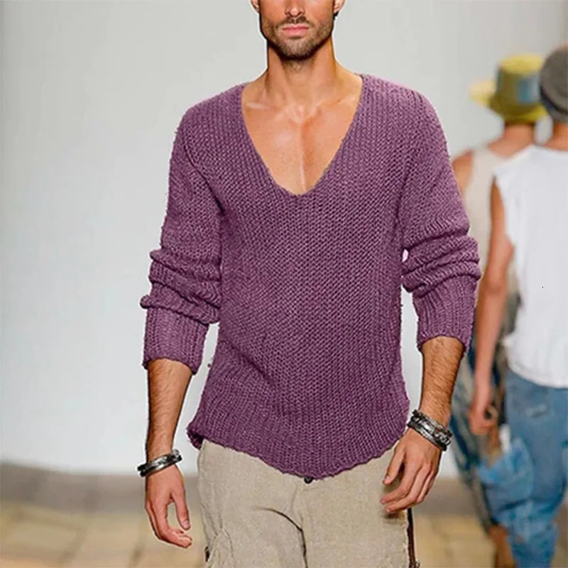 Mens Sweater Long Sleeved V-neck Loose Fashionable and Casual Solid Color Knitted Pullover Mens Clothing 250616