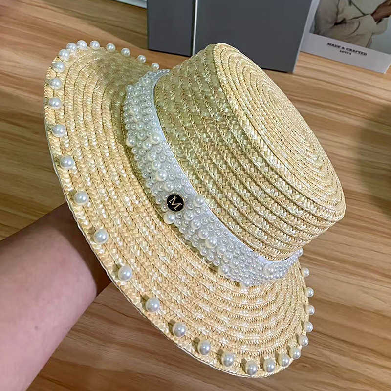 Japanese Internet Celebrity Pearl Straw Hat for Women Summer Beach Sunshade Sun Protection Sun Hat Travel Vacation Flat Top Hat 250615